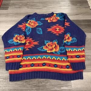 vintage Amanda braendel floral Aztec hand knit sweater L 90s